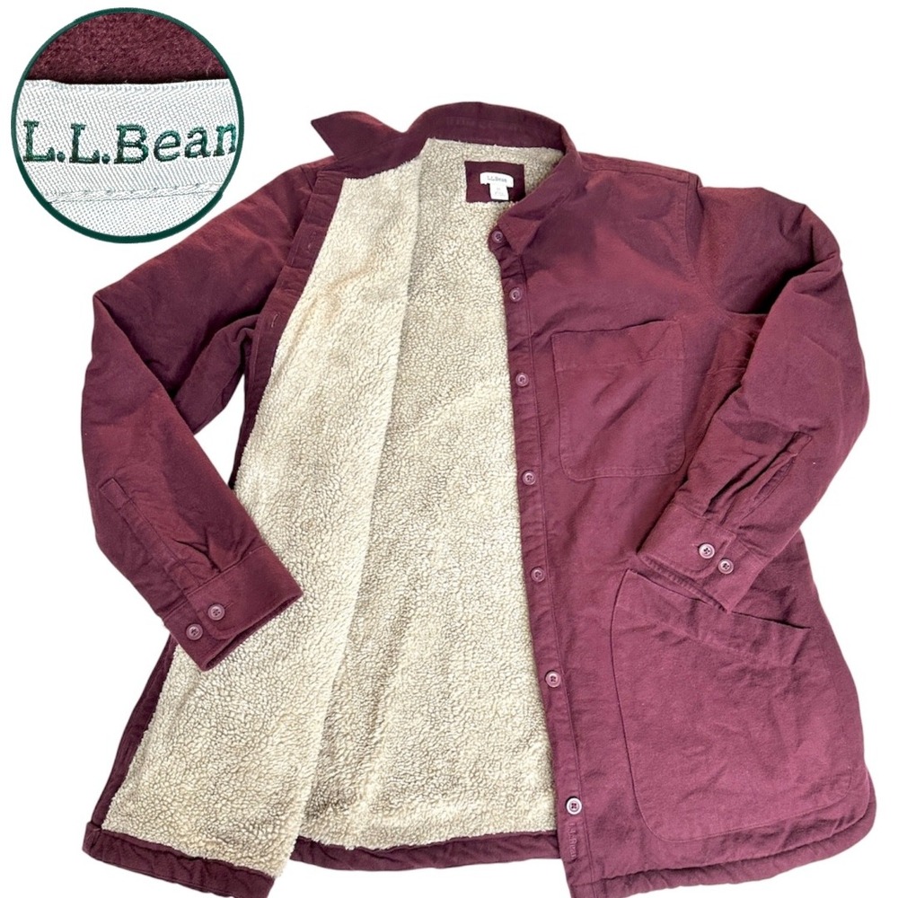 L.L.Bean Chore Shirt Jacket Chamois Sherpa Coat Womens M Burgundy Maroon Cotton